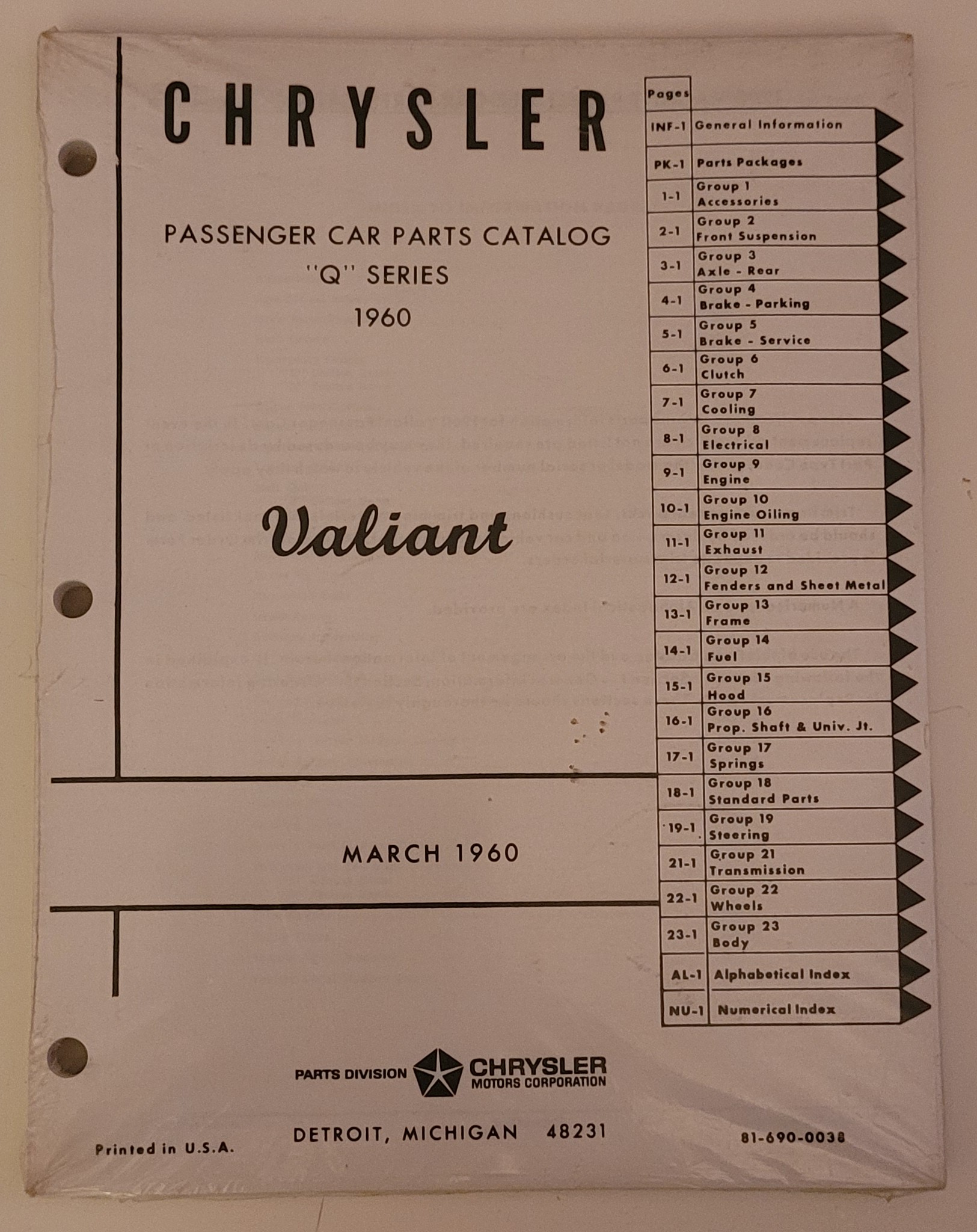 PLYMOUTH VALIANT Q SERIES 1960 PASSENGER CAR PARTS CATALOG
